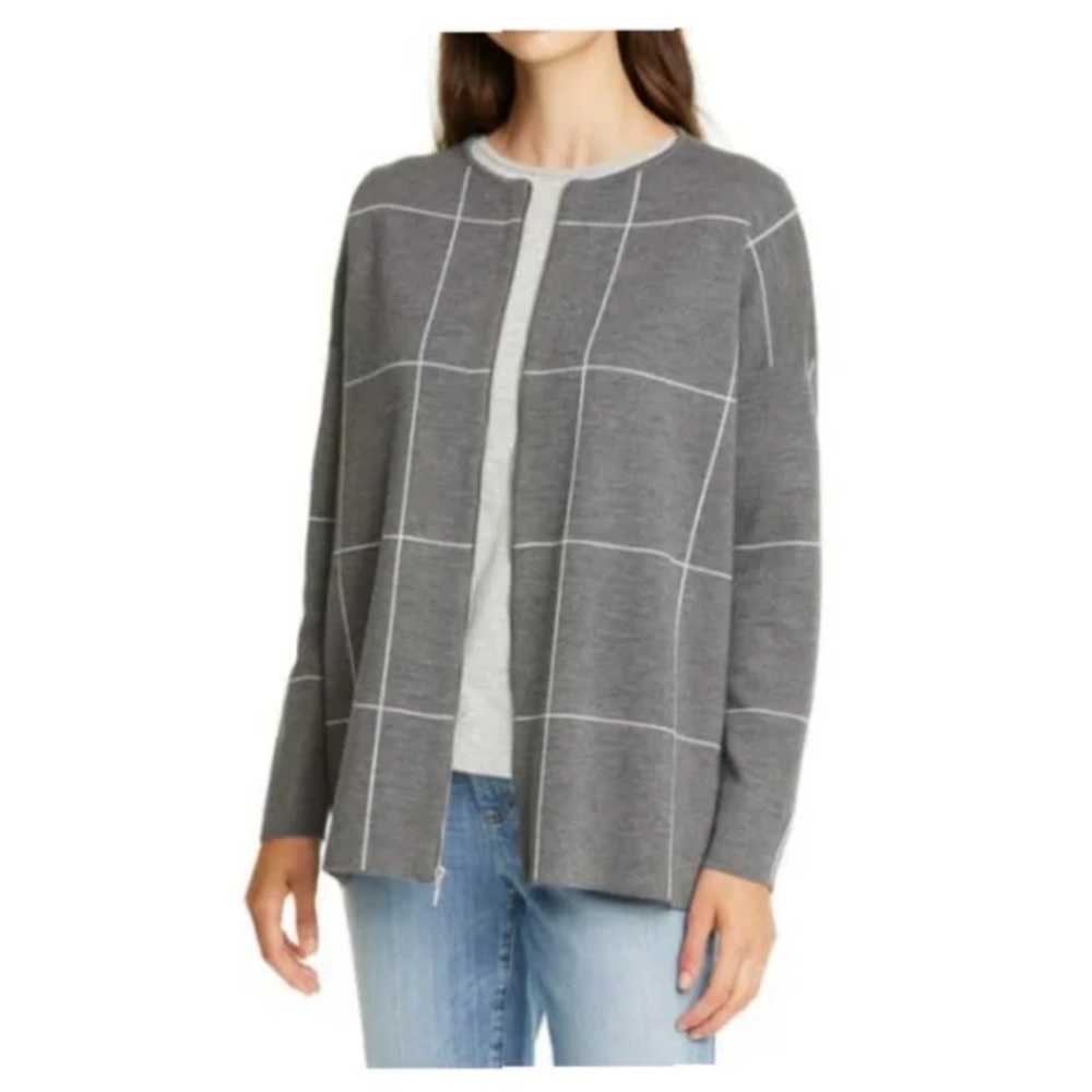 Eileen Fisher Windowpane Check Merino Wool Zip Cardigan Sweater in charcoal gray